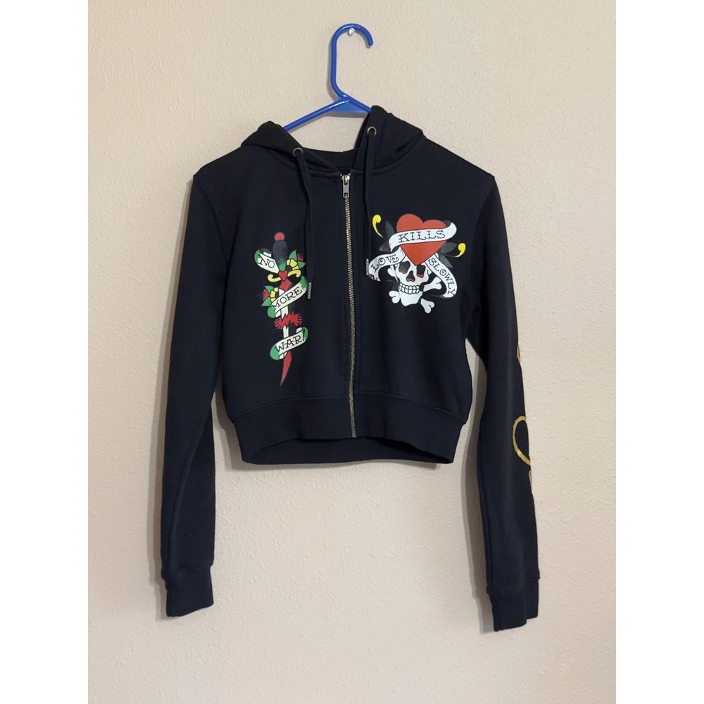 Ed Hardy Love Kills Slowly Cropped Zip Up Hoodie Black EHW1800-11 Medium